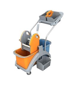 Carucior de curatenie multifunctional cu 2 galeti 20l+storcator mop plat+2 cosuri+1 cos detasabil sticle-Double Plastic Trolley, SPLAST