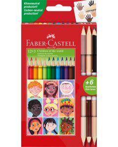 Creioane Colorate 12+3 cr. biColore piele Children of the world FABER-CASTELL