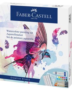 Set creativ tempera 18 piese (tempera acuarele 12 culori x 5 ml + 4 pensule+ sablon plastic) FABER-CASTELL
