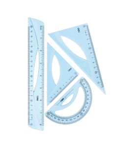 Set geometrie 4 piese albastru transparent (rig20cm, ech*2, rap) DELI