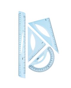 Set geometrie 4 piese albastru transparent (rig30cm, ech*2, rap) DELI