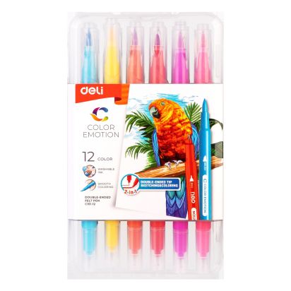 Carioci cu varf pensula 12 culori cutie plastic DELI - 1