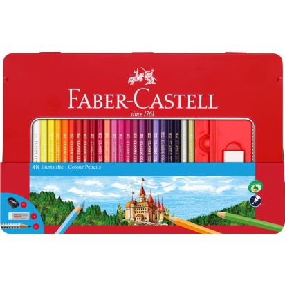 Creioane Colorate 48 culori + 4 accesorii cutie metal FABER-CAST - 1