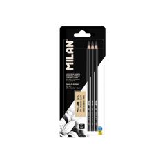 Creion carbune set 3 + radiera Master Gum MILAN
